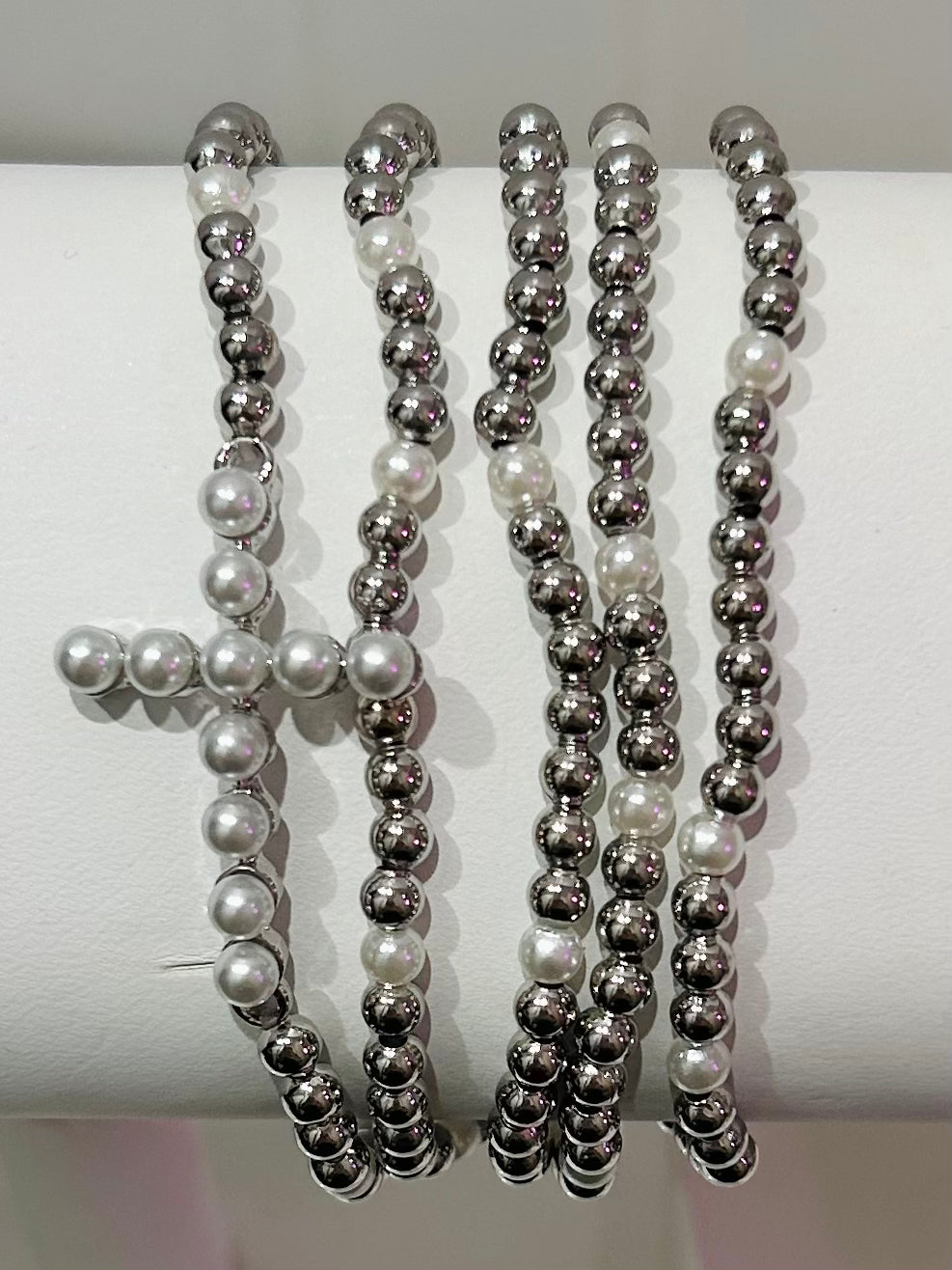 Set of Five Metal Tone and Pearl Beaded Stretch Bracelets - Silver