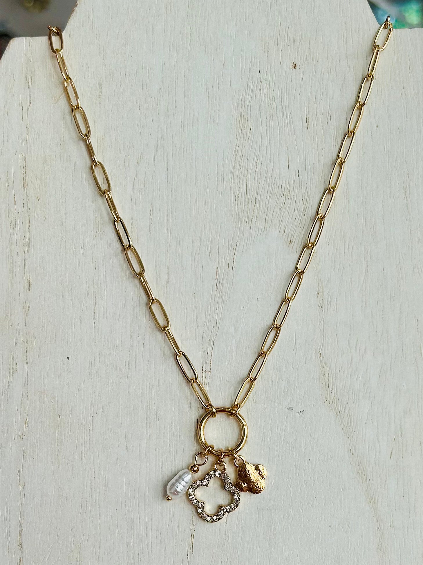 Rhinestone Clover & Pearl Charm Necklace - Gold