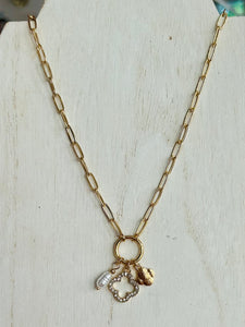 Rhinestone Clover & Pearl Charm Necklace - Gold