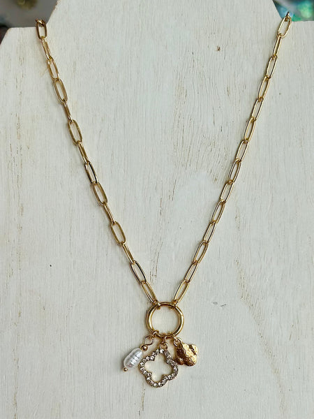 Rhinestone Clover & Pearl Charm Necklace - Gold