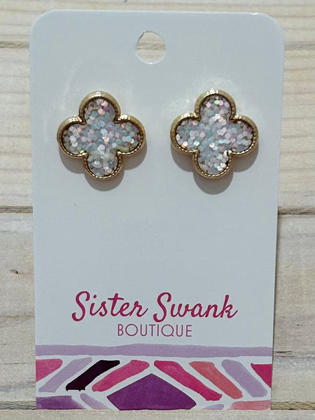 Glitter Clover Drop Earrings - White