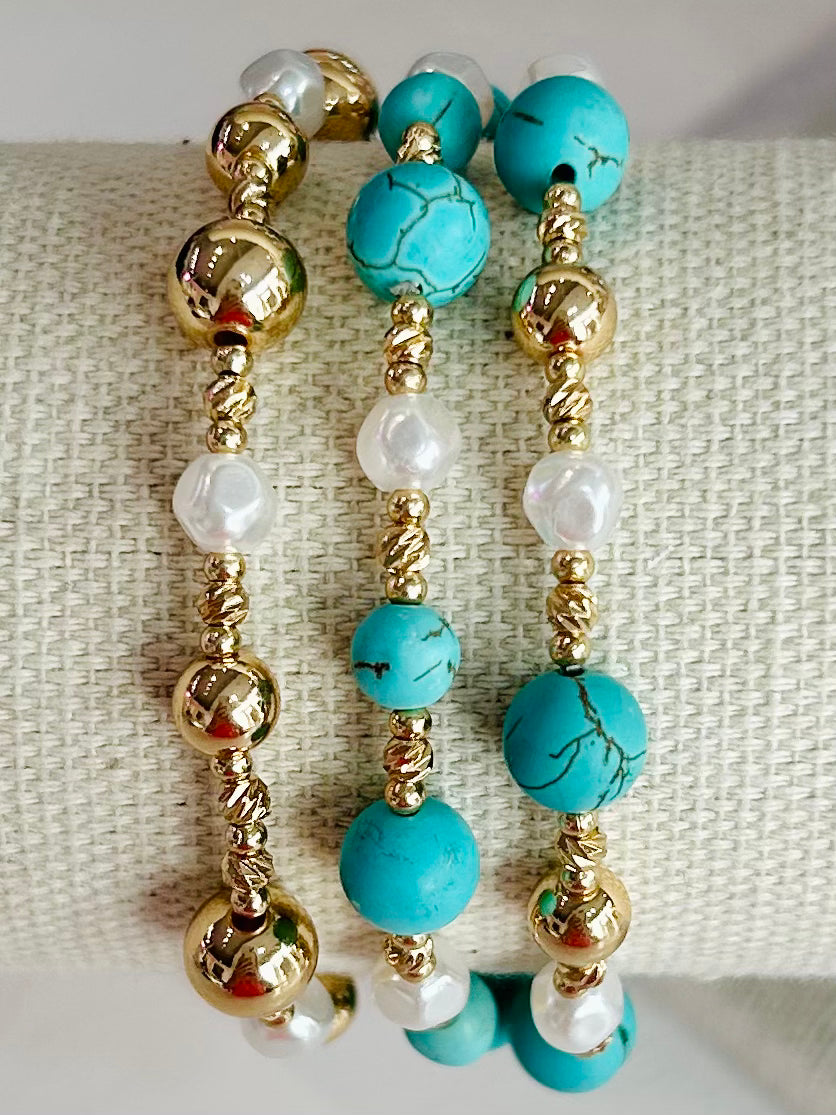Stone & Pearl Beaded Stretch Bracelet Set - Turquoise