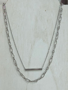 Layered Chain Link Necklace with Metal Bar - Silver