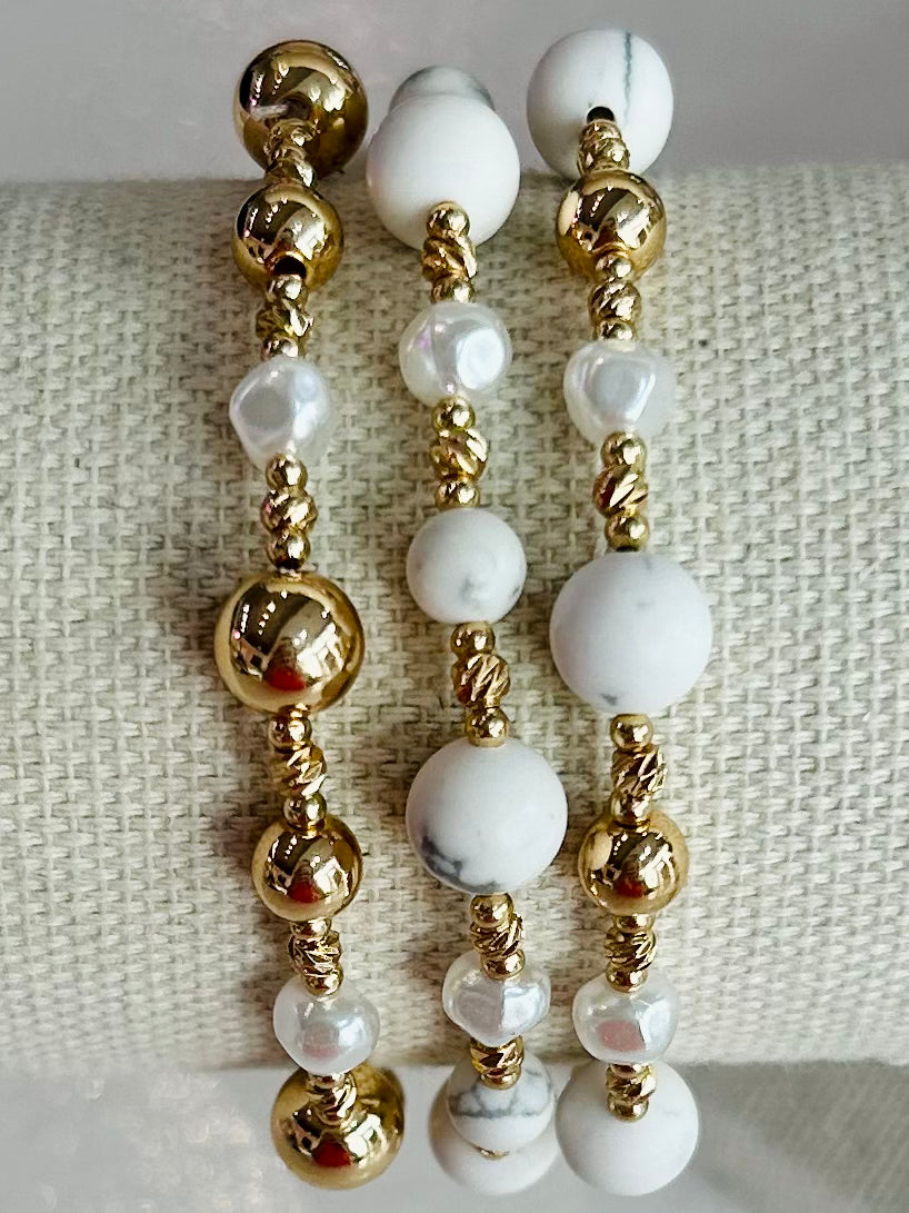 Stone & Pearl Beaded Stretch Bracelet Set - White Marble