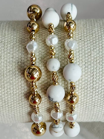 Stone & Pearl Beaded Stretch Bracelet Set - White Marble