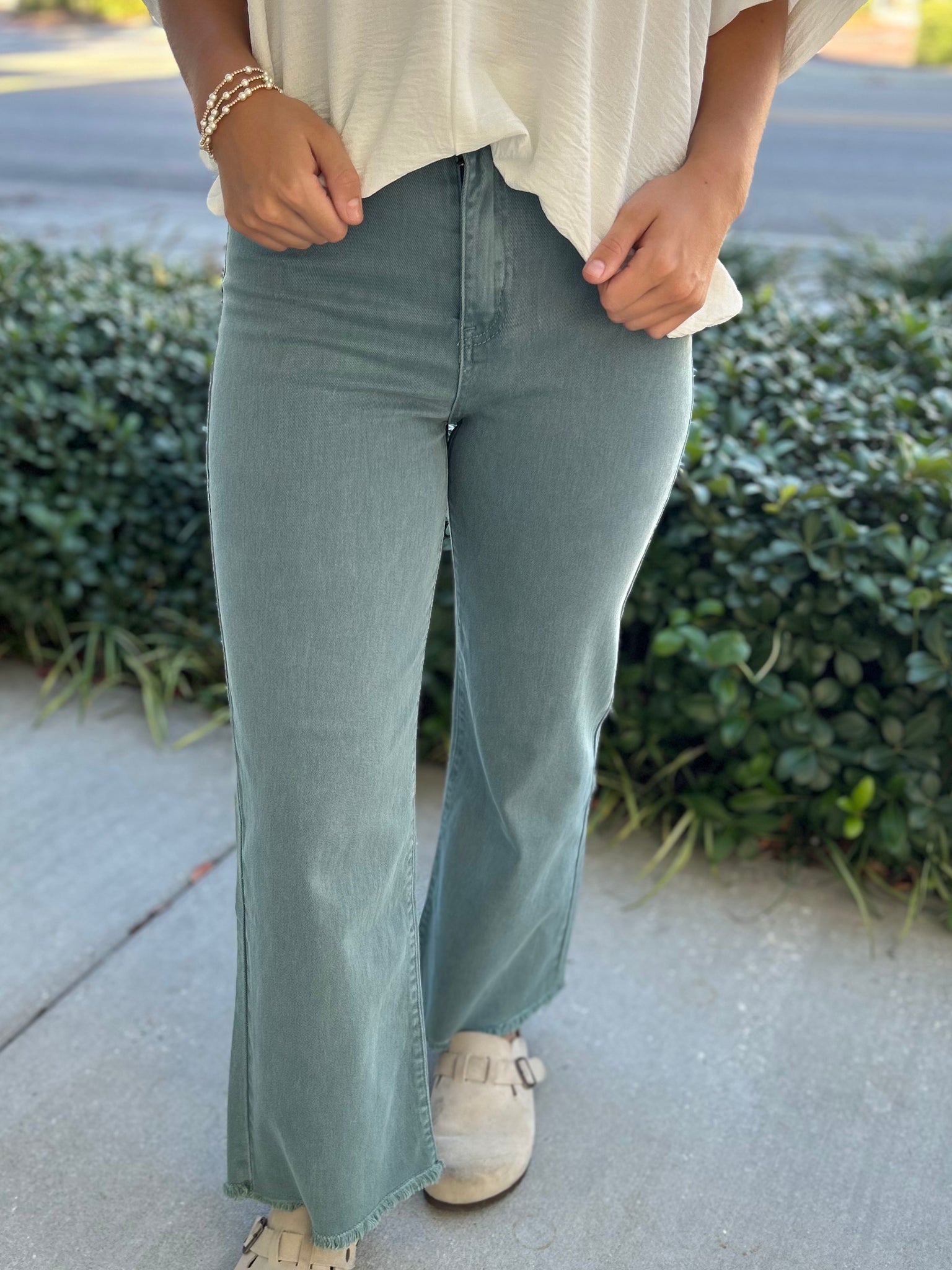 Acid Washed Wide-Leg Pants - Teal