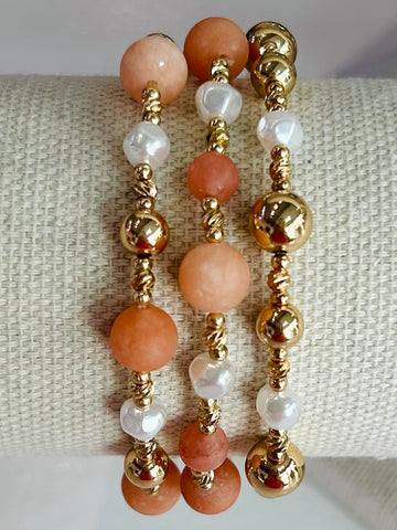 Stone & Pearl Beaded Stretch Bracelet Set - Pink