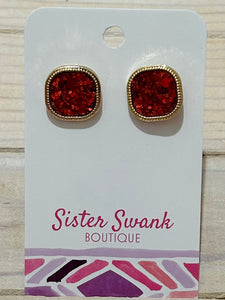 Glitter Square Stud Earrings - Red