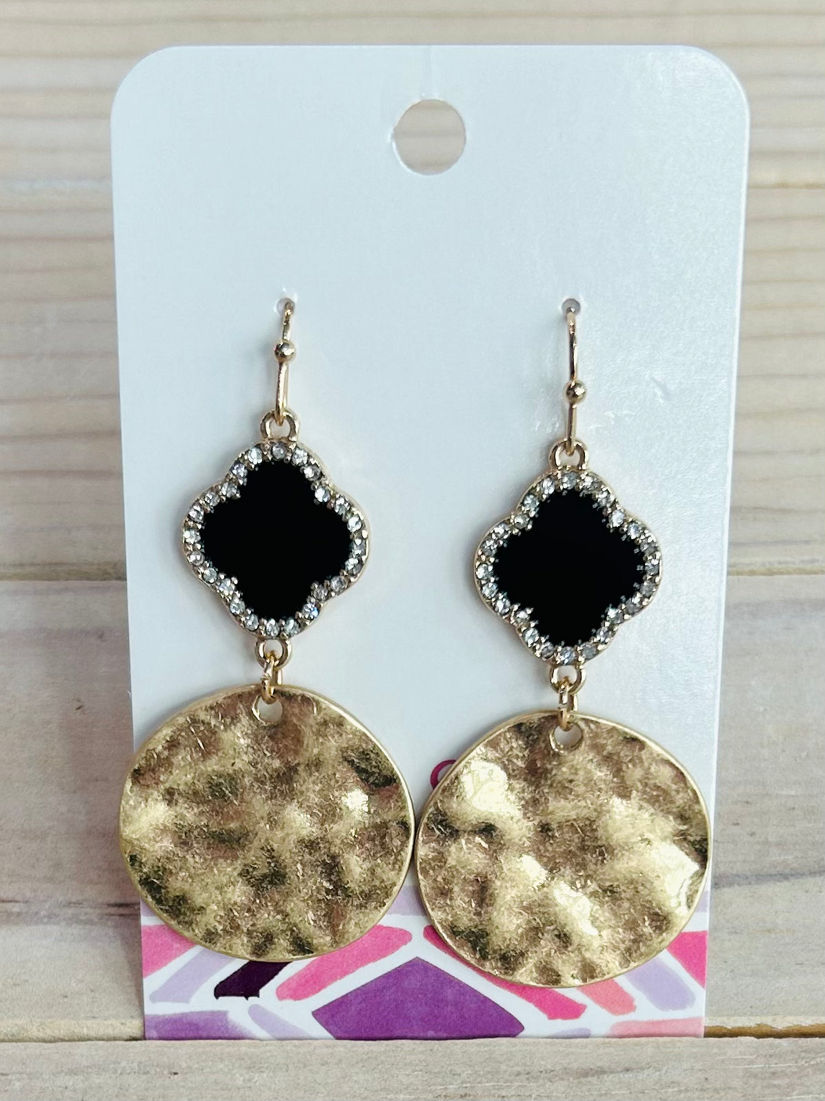 Clover/Hammered Metal Disk Drop Earrings - Black