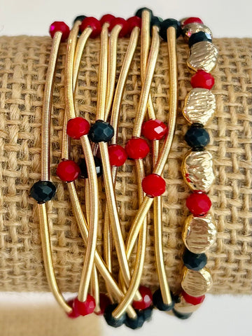 Stretchy Wire Gold Bracelet Set - Red/Navy