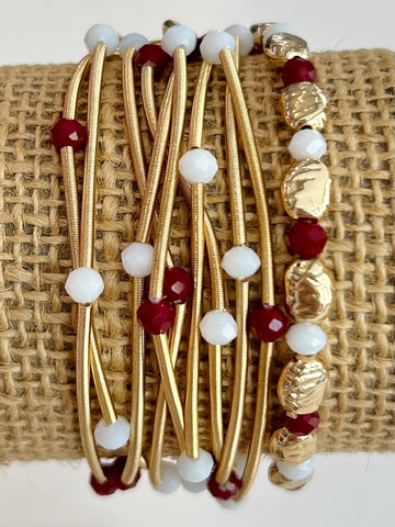 Stretchy Wire Gold Bracelet Set - Maroon/White