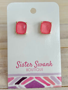 Cushion Cut Rhinestone Stud Earrings - Pink