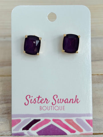 Cushion Cut Rhinestone Stud Earrings - Purple