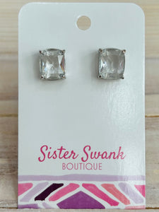 Cushion Cut Rhinestone Stud Earrings - Silver