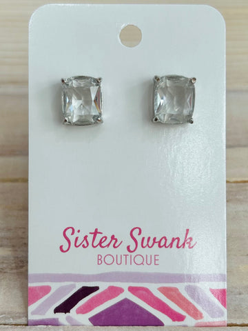 Cushion Cut Rhinestone Stud Earrings - Silver