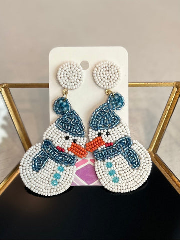 Beaded Snowman Earrings - White