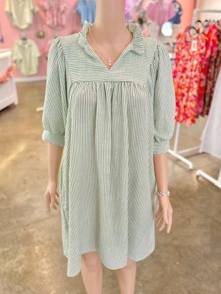 Casual Charm Pinstripe Dress - Sage