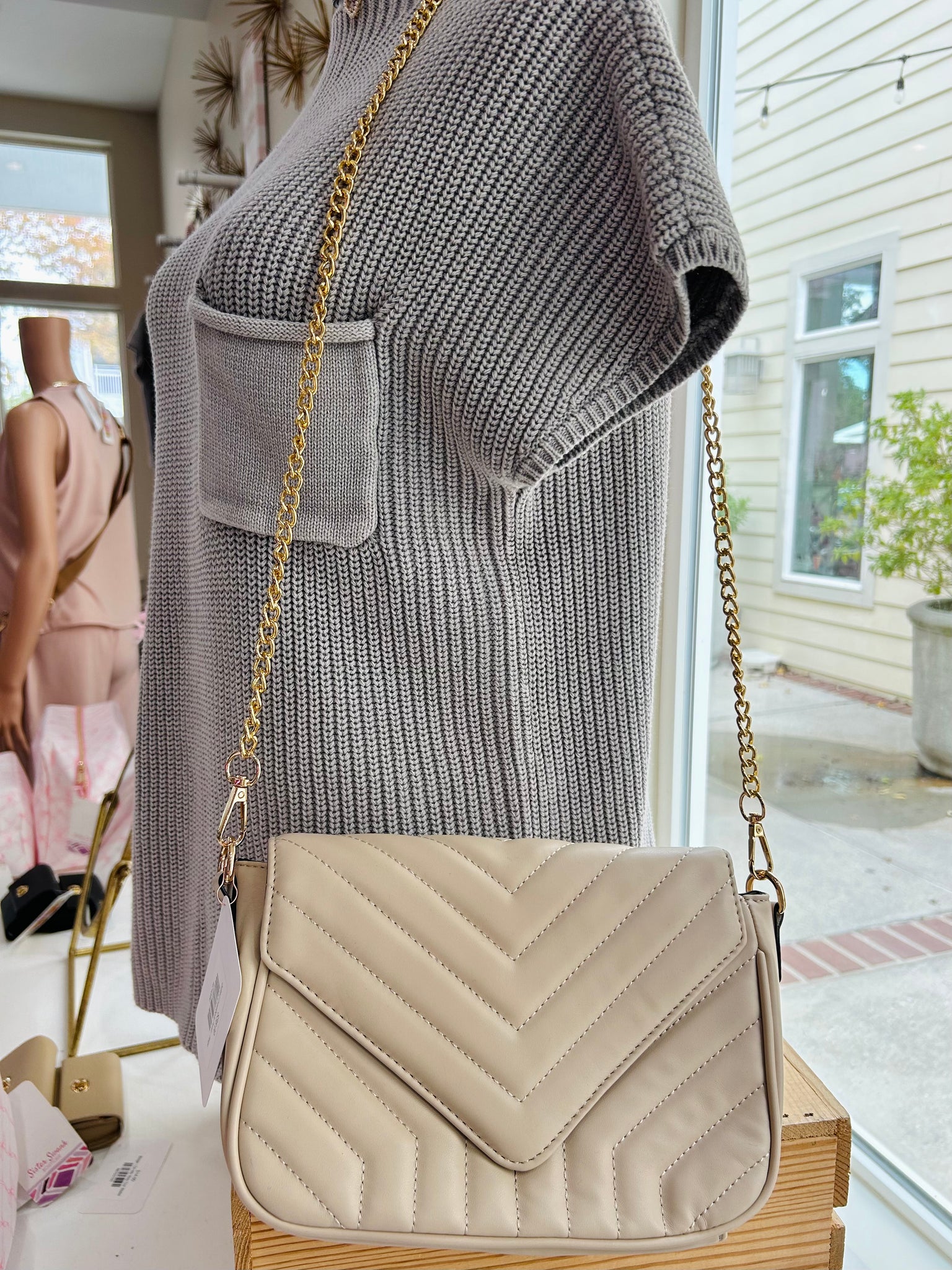 Quilted Crossbody Purse - Beige