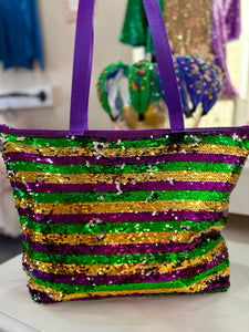 Mardi Gras Stripe Sequin Tote Shoulder Bag