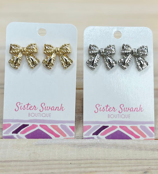 Chunky Metal Tone Bow Post Drop Earrings