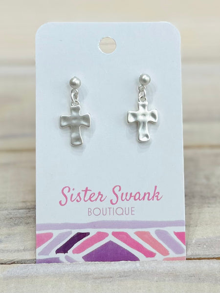 Dainty Cross Drop Earrings - Silver