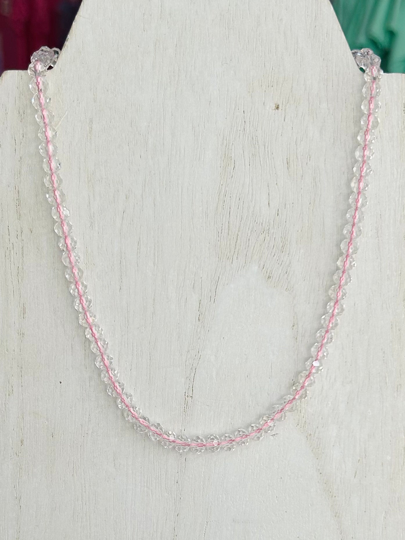 Corded Clear Beaded Necklace - Pink