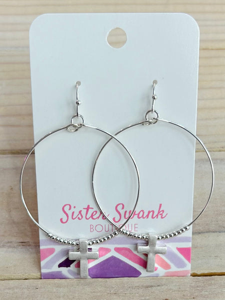 Beaded Cross Dangle Hoop Earrings