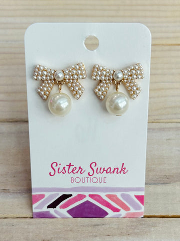 Pearl Bow Stud Earrings - Gold