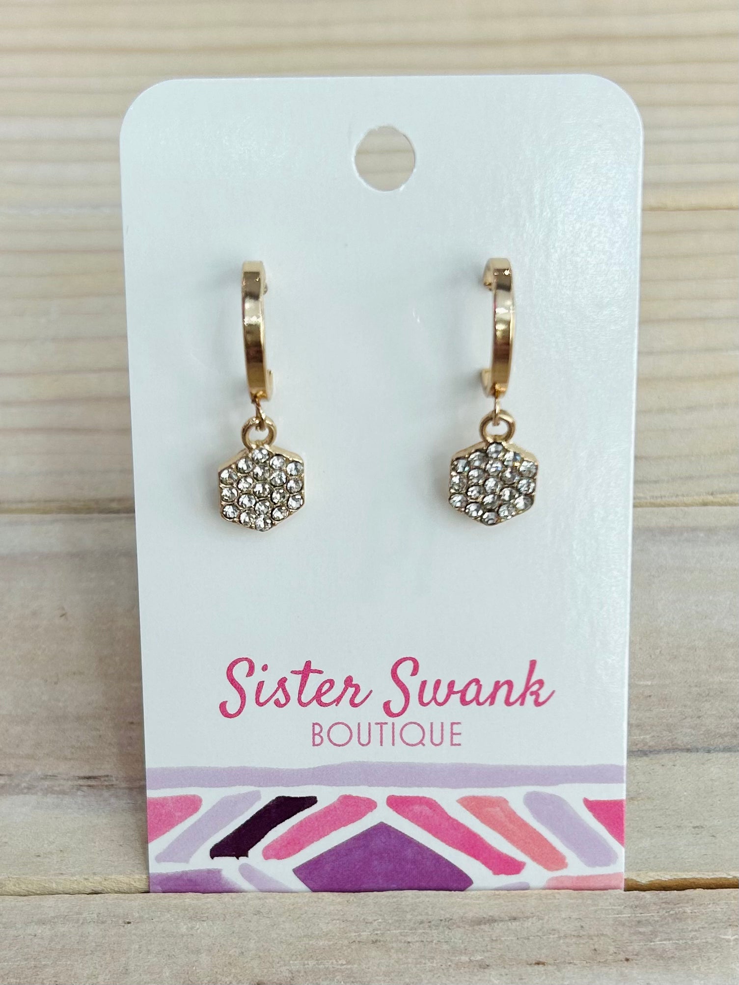 Small Rhinestone Hexagon Huggie Earrings - Gold