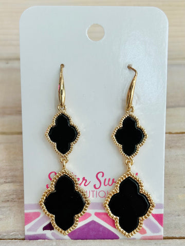 Linked Clover Drop Earrings - Black