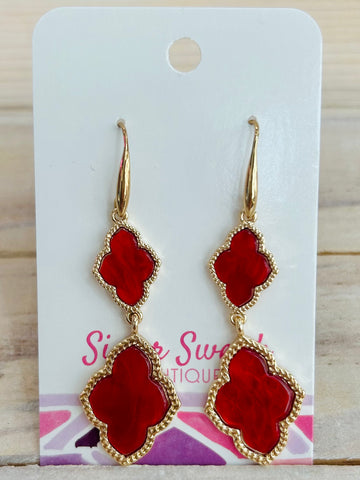 Linked Clover Drop Earrings - Red