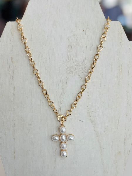 Pearl Cross Charm Necklace