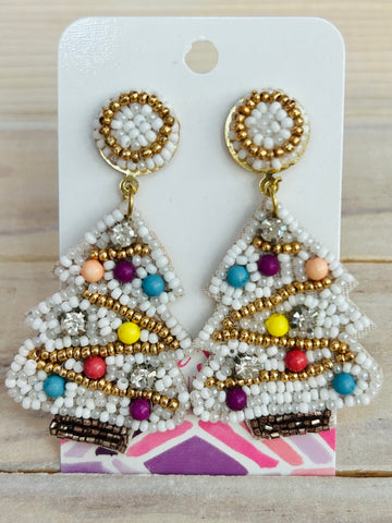 Beaded Christmas Tree Earrings - White