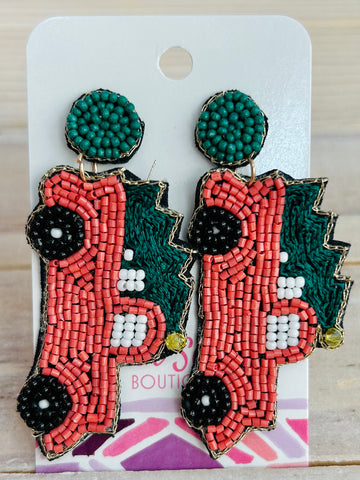 Beaded Christmas Tree Truck Earrings