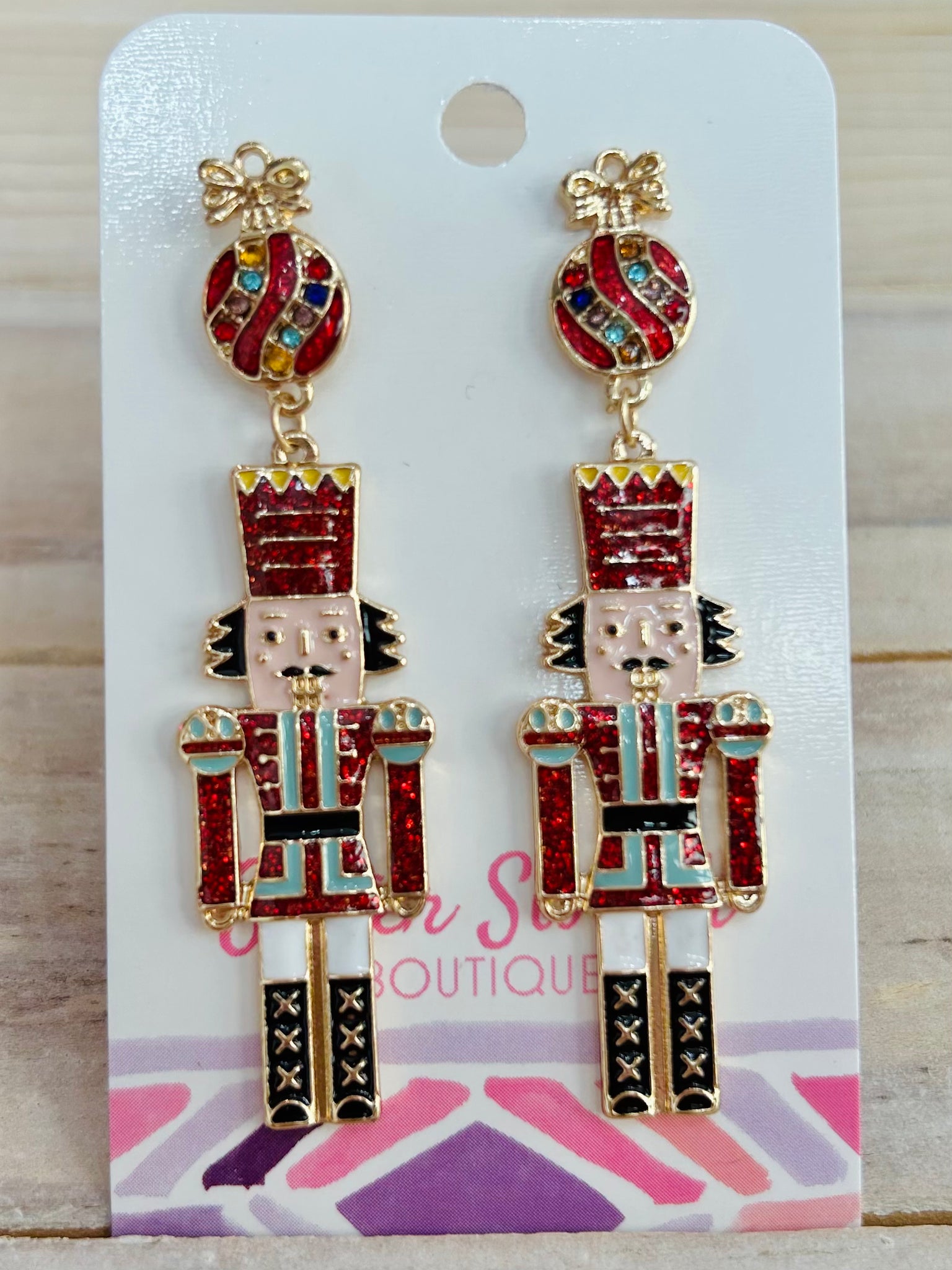Glitter Accented Nutcracker Christmas Drop Earrings