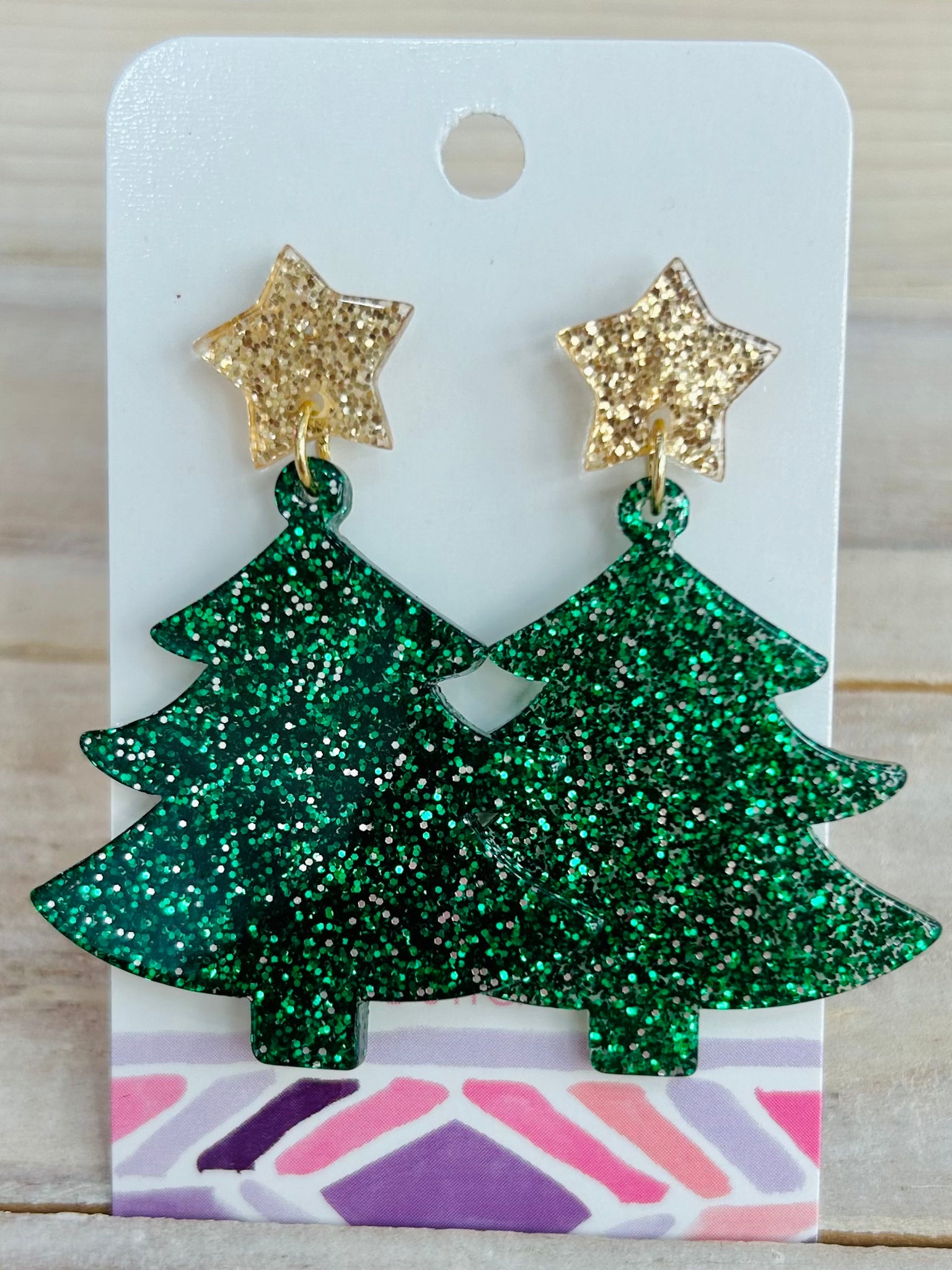 Glitter Acetate Christmas Tree Drop Earrings - Green