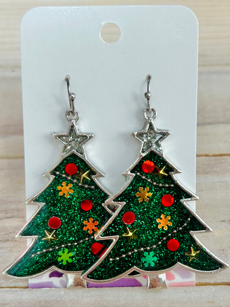 Metal Glitter Christmas Tree Drop Earrings