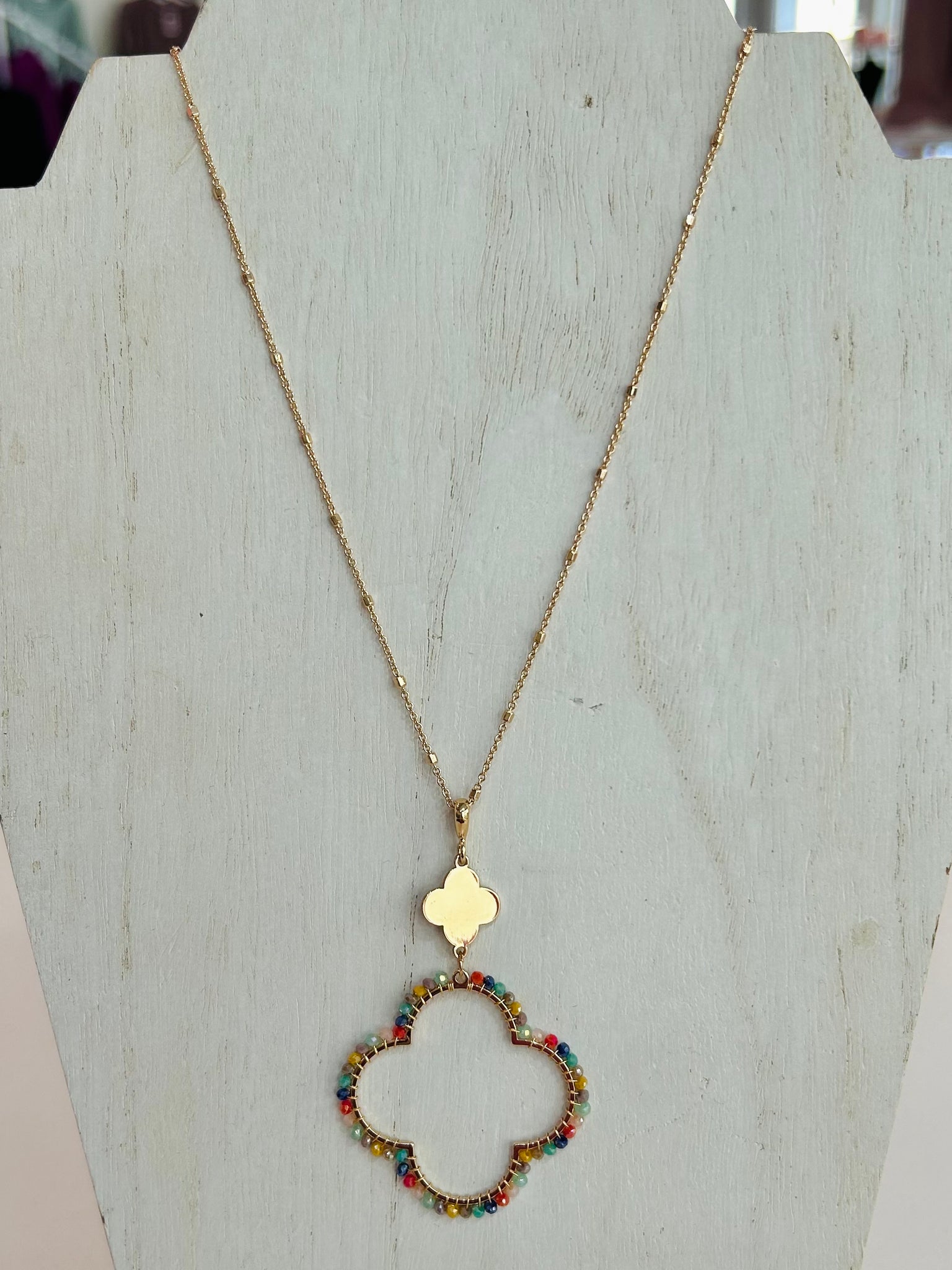 Beaded Clover Pendant Long Necklace - Multi