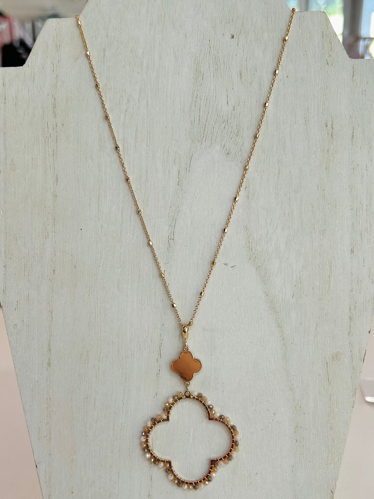 Beaded Clover Pendant Long Necklace - Brown