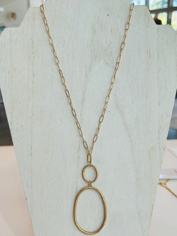 Linked Oval Pendant Long Necklace - Gold