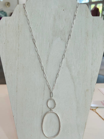 Linked Oval Pendant Long Necklace - Silver