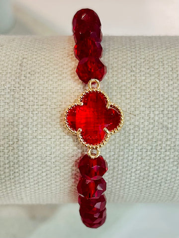 Clover Beaded Stretch Bracelet - Red