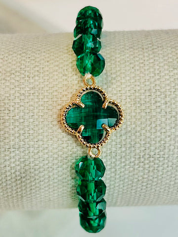 Clover Beaded Stretch Bracelet - Emerald