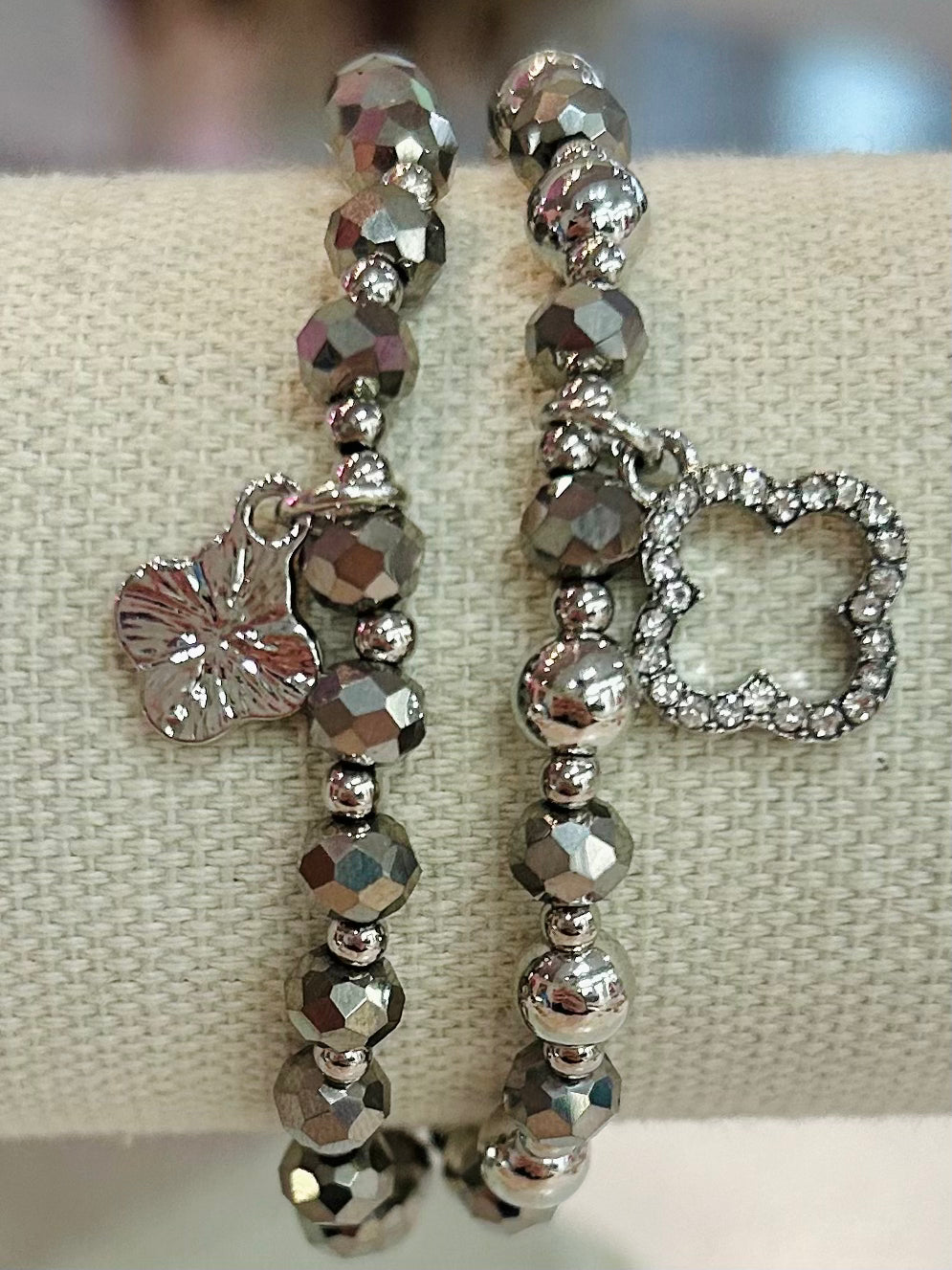 Clover Beaded Stretch Bracelet Set - Silver