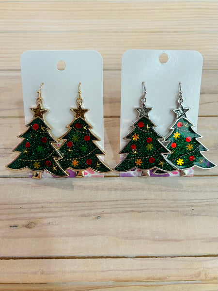 Metal Glitter Christmas Tree Drop Earrings