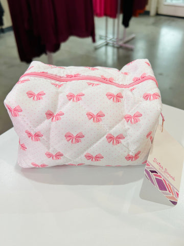 Quilted Puffer Bow Makeup Pouch - Pink
