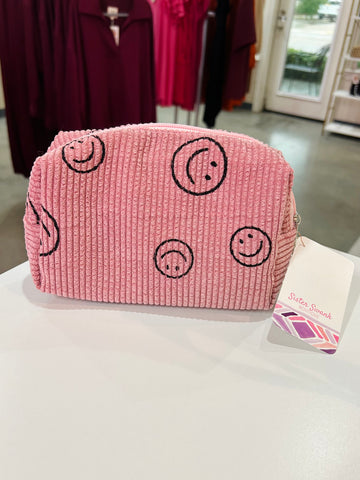 Happy Face Corduroy Makeup Pouch - Pink