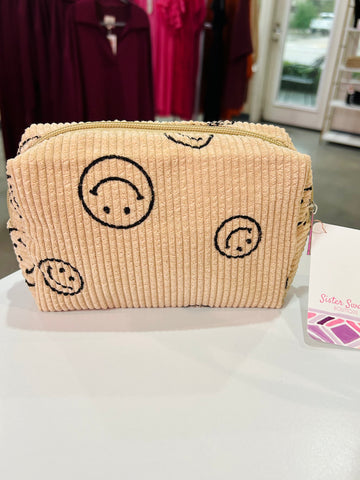 Happy Face Corduroy Makeup Pouch - Tan