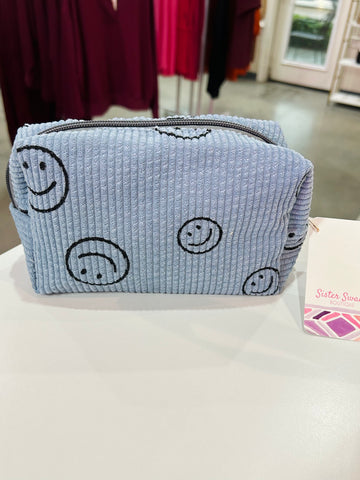 Happy Face Corduroy Makeup Pouch - Blue
