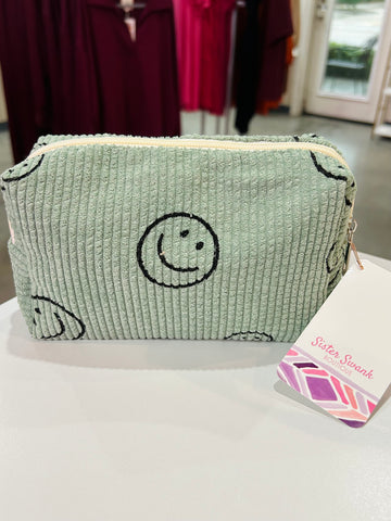 Happy Face Corduroy Makeup Pouch - Green